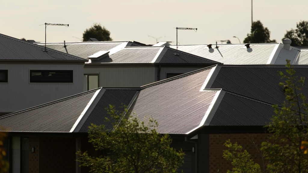 Overlapping dark corrugated metal roofs of new suburban homes in soft late-afternoon light