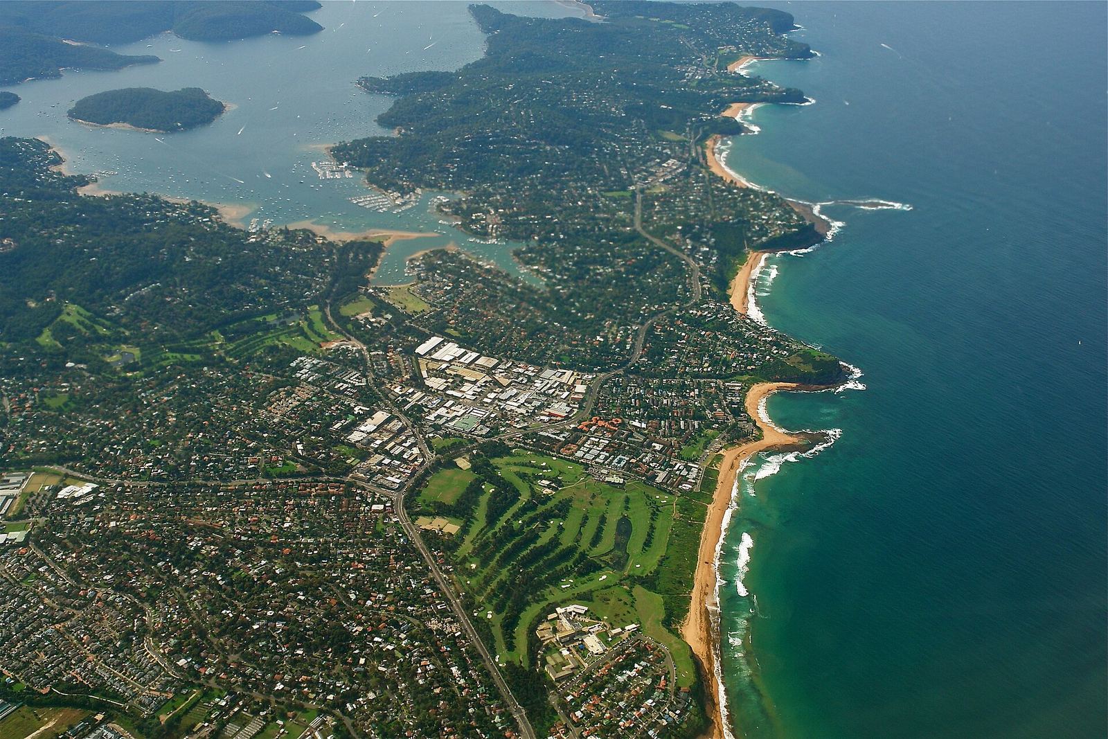 Aerial view of Sydney's Northern Beaches suburbs along the coastline